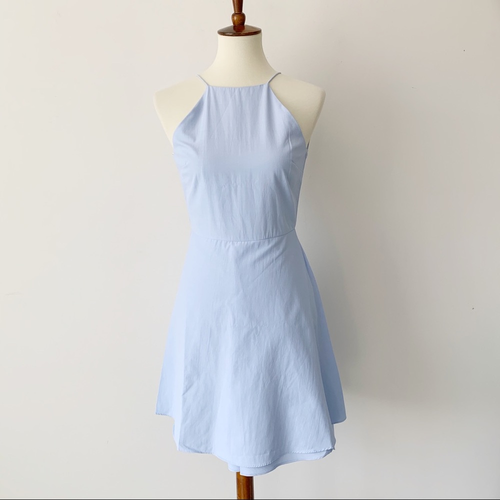 J.O.A. High Neck Faux Wrap Baby Blue Dress
